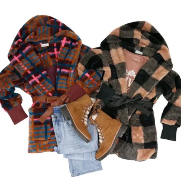 Fleece Jewel Plaid Wrap Jacket | Multi Fleece Plaid Wrap Jacket L/XL - Picture 12 of 12